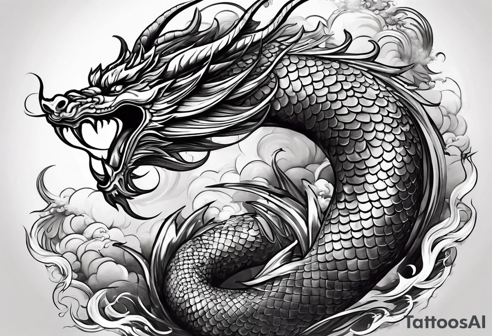 An epic floating asian dragon. Its long body coiling dynamically, with scales and horns detailed to create a sense of movement and strength. The dragon's giving a vibrant depth and a mystical aura. This tattoo highlights the dragon’s fierce expression and sharp claws. tattoo idea