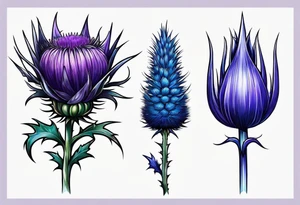 Thin vertical Purple thistle and blue thistle tattoo idea