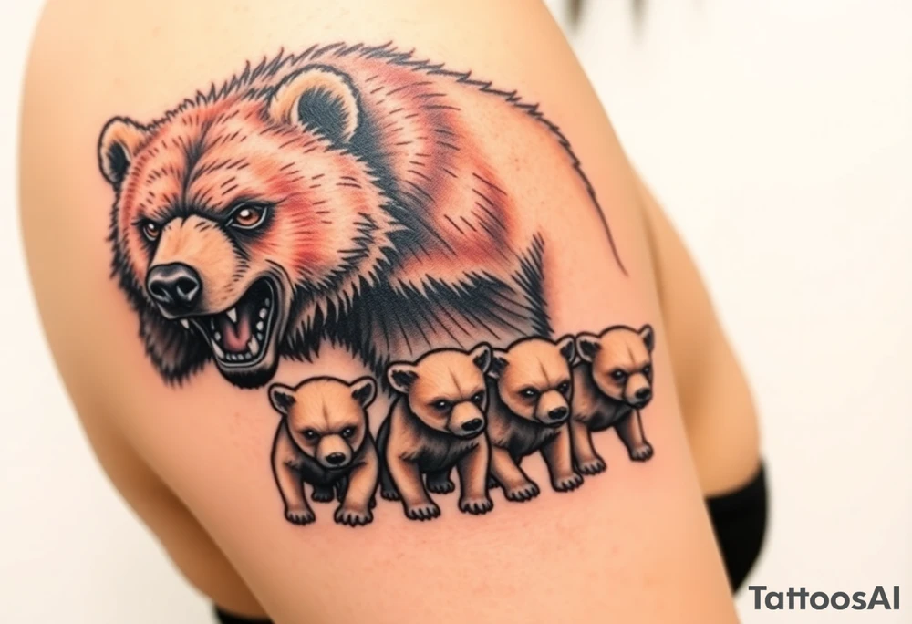 A detailed grizzly bear fiercely growling, as if the face was coming out of the shoulder facing outward with detailed brown eyes standing over 4 cubs,  3 girls and a boy. Make one arm swiping with claw marks tattoo idea