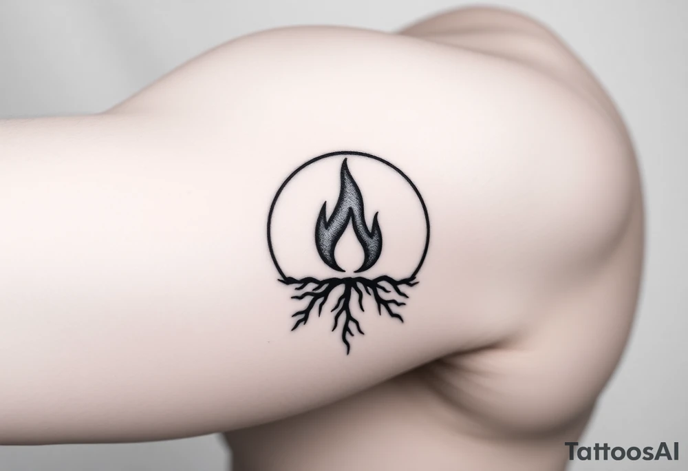 a flame imprisoned in roots circle tattoo idea