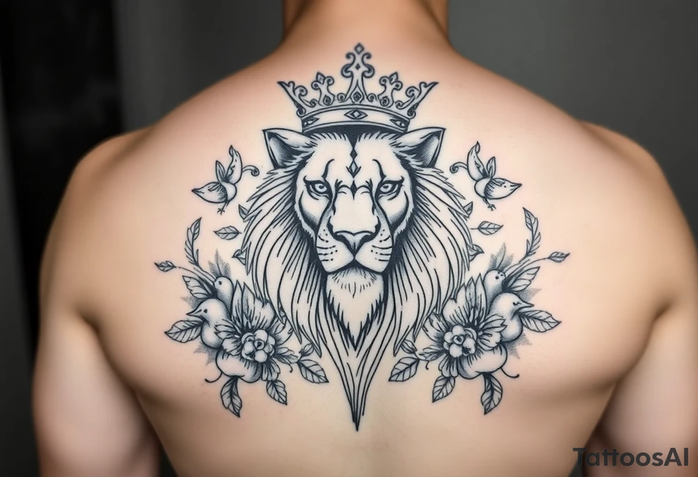 powerful majestic lion with a crown, surrounded by floral ornaments and birds tattoo idea