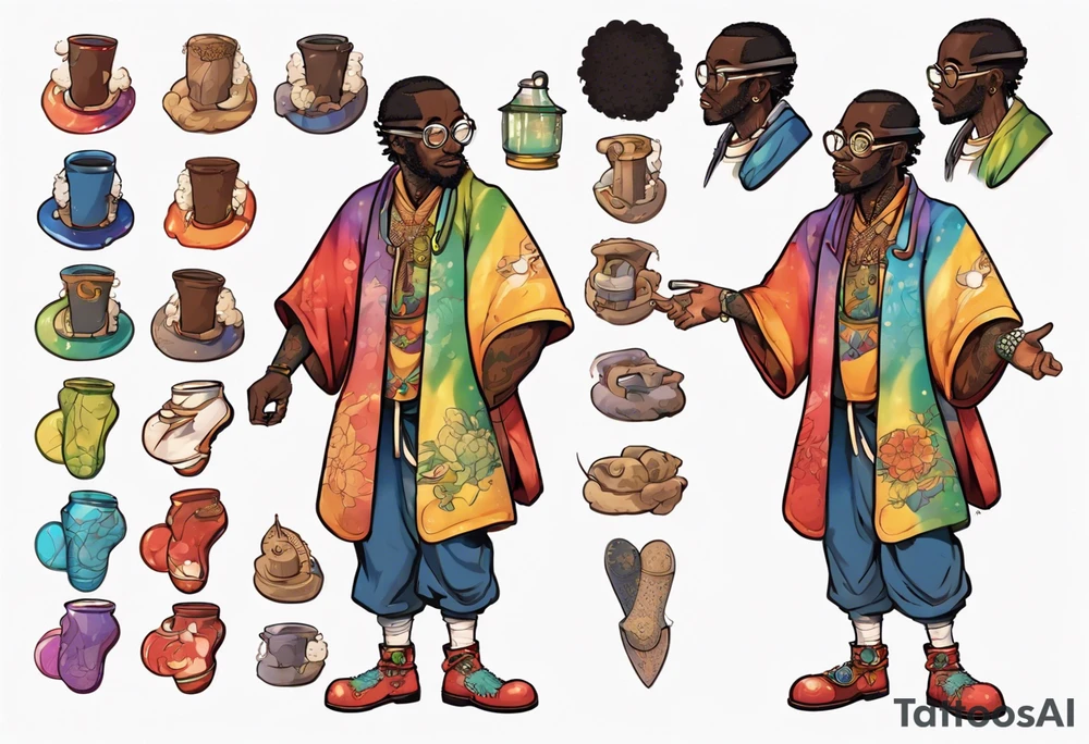 a medieval black man wearing round glasses and a rainbow tunic and scaled boots tattoo idea