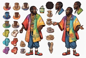 a medieval black man wearing round glasses and a rainbow tunic and scaled boots tattoo idea