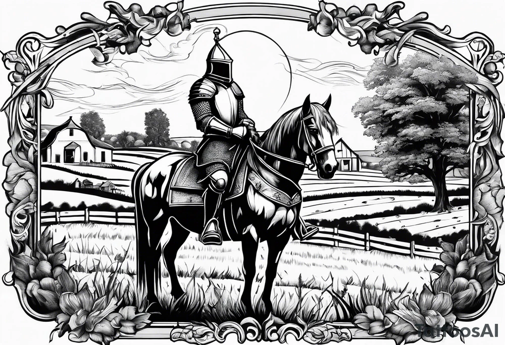 a knight with an old farm in the background with horses in the netherlands tattoo idea