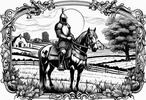a knight with an old farm in the background with horses in the netherlands tattoo idea
