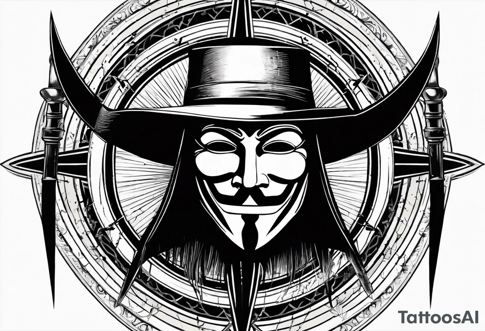 Centered v for vendetta, mask only. No hat.   Vintage compass surround. Crossed fencing swords tattoo idea