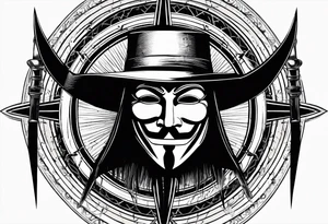 Centered v for vendetta, mask only. No hat.   Vintage compass surround. Crossed fencing swords tattoo idea