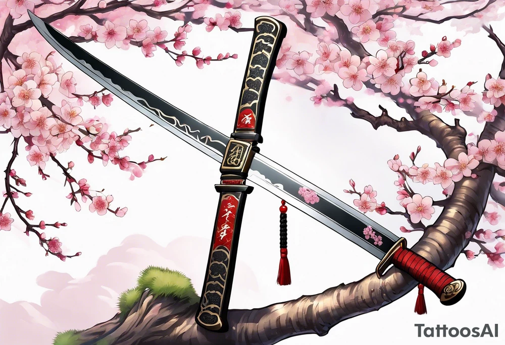 Katana vertical with cherry blossoms and shadow kanji tattoo idea