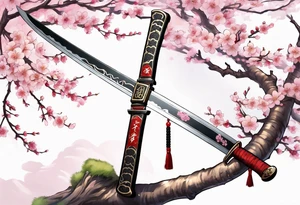 Katana vertical with cherry blossoms and shadow kanji tattoo idea