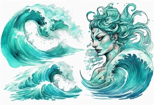 a beautiful turquoise sphinx emerging from an ocean wave, crashing onto the shore tattoo idea