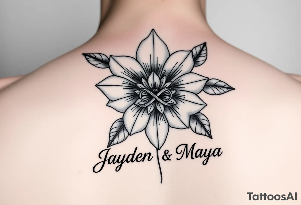 January December july birth Flower with infinity sign and the names Jayden and Maya tattoo idea
