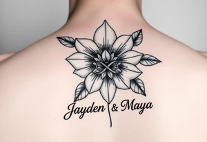 January December july birth Flower with infinity sign and the names Jayden and Maya tattoo idea