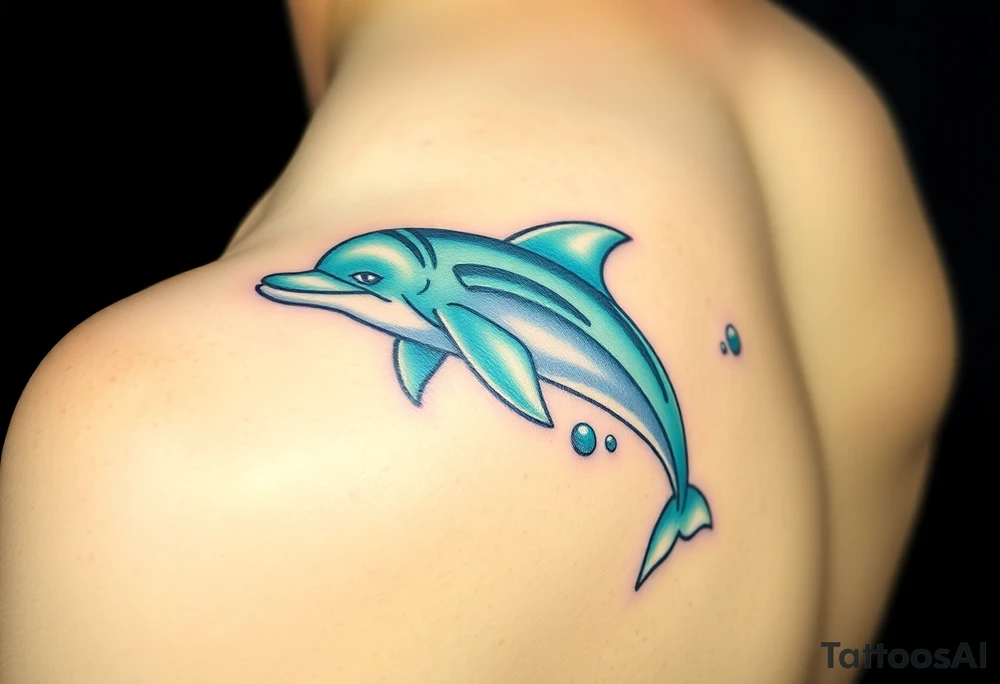 A majestic dolphin swimming through ocean waves, with intricate light-blue and turquoise details tattoo idea