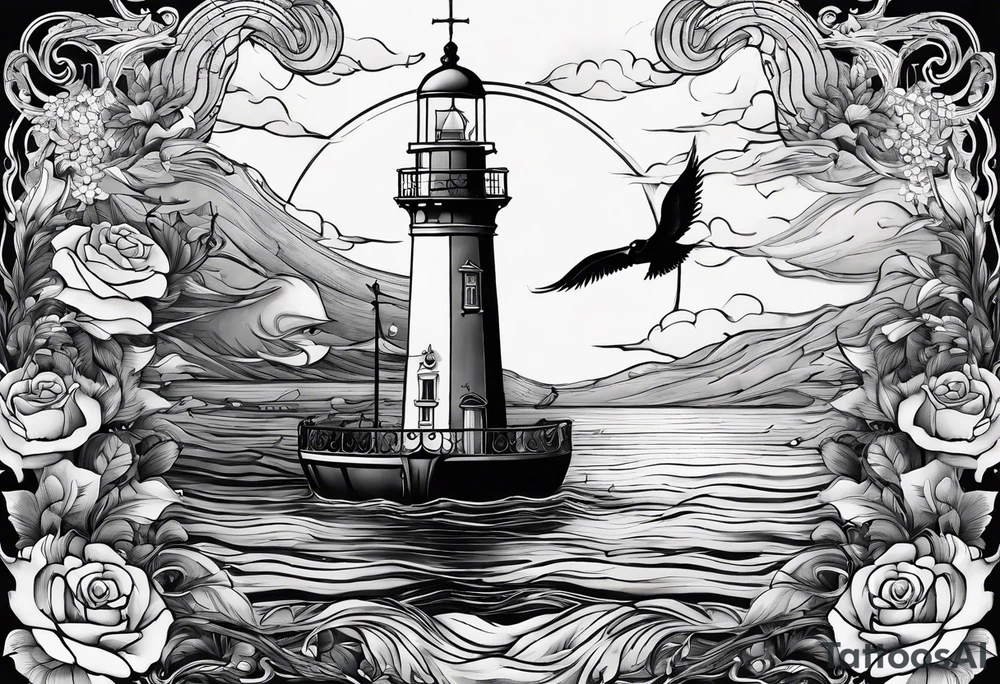 bateau, phare maritime, phoenix, rose des vents et lune bleu. tattoo idea