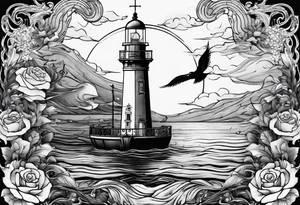bateau, phare maritime, phoenix, rose des vents et lune bleu. tattoo idea
