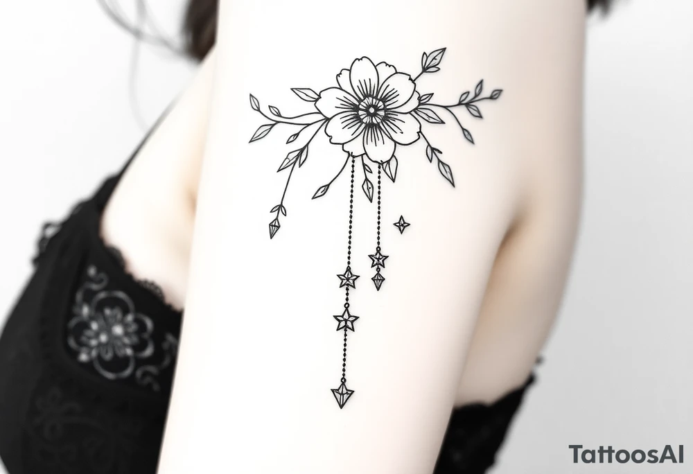 Vintage floral lace and delicate jewelry inspired with draping chains and 5 pointed crystal star charms. Make it cover the entire upper arm/shoulder please tattoo idea