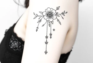 Vintage floral lace and delicate jewelry inspired with draping chains and 5 pointed crystal star charms. Make it cover the entire upper arm/shoulder please tattoo idea