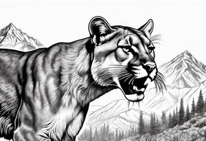 roaring mountain lion head, wilderness background tattoo idea