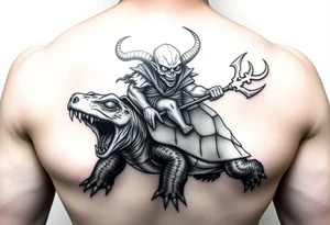 An insane human with alien eyes and the devils trident riding a turtle who has a giant open mouth and long teeth with ram tattoo idea