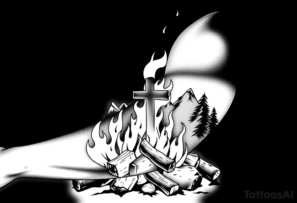 Campfire with cross hidden well in the flames include the great outdoors and night sky make sure cross doesn't look like it is on fire tattoo idea