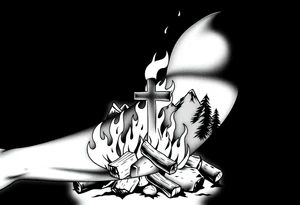 Campfire with cross hidden well in the flames include the great outdoors and night sky make sure cross doesn't look like it is on fire tattoo idea