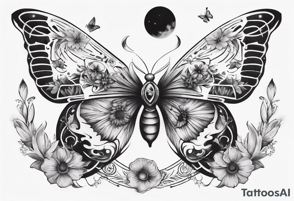 Butterfly wrap tattoos with large centre piece with moon and floral theme tattoo idea