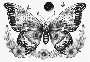 Butterfly wrap tattoos with large centre piece with moon and floral theme tattoo idea