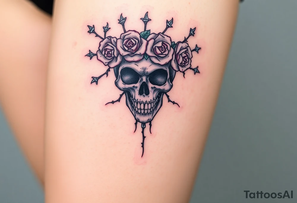 ornate skull adorned with crown of wild roses and thorns tattoo idea