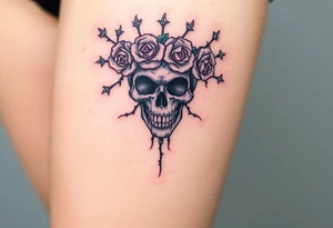 ornate skull adorned with crown of wild roses and thorns tattoo idea