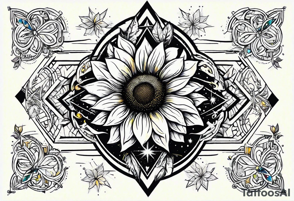 small sunflower surrounded by cosmic stars and arrow tree tattoo idea