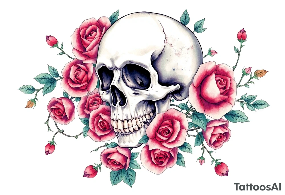 gothic skull intertwined with climbing roses and thorny vines tattoo idea