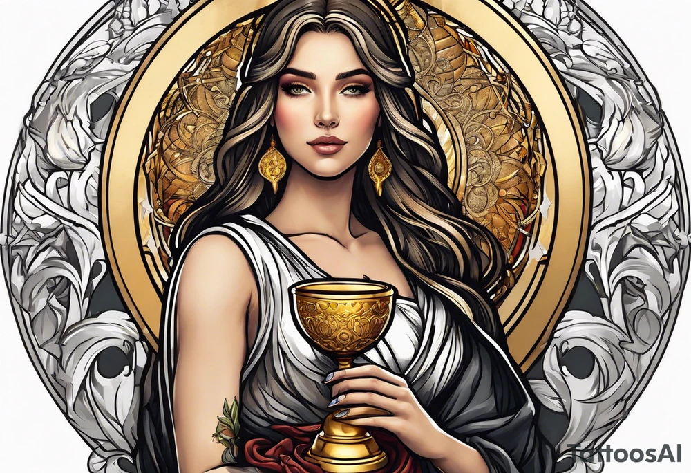 woman saint holding chalice surrounded by golden halo sideways tattoo idea