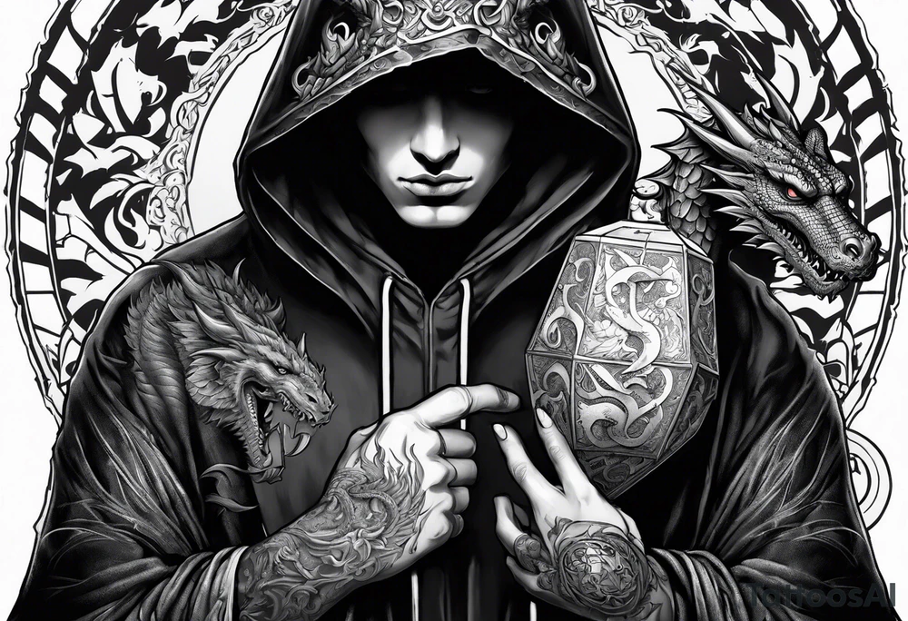 Hooded figure holding a D20 surrounded by a dragon tattoo idea