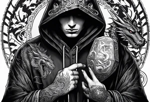 Hooded figure holding a D20 surrounded by a dragon tattoo idea