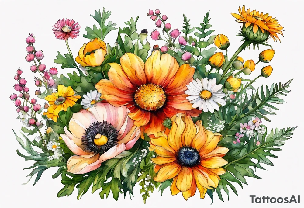 simple wildflowers cascading with thistles, ferns, white anemones, sun flowers, yellow flowers, red flowers, pink flowers, green flowers, buttercups, orange flowers, babys breath and daisies all in watercolor tattoo idea