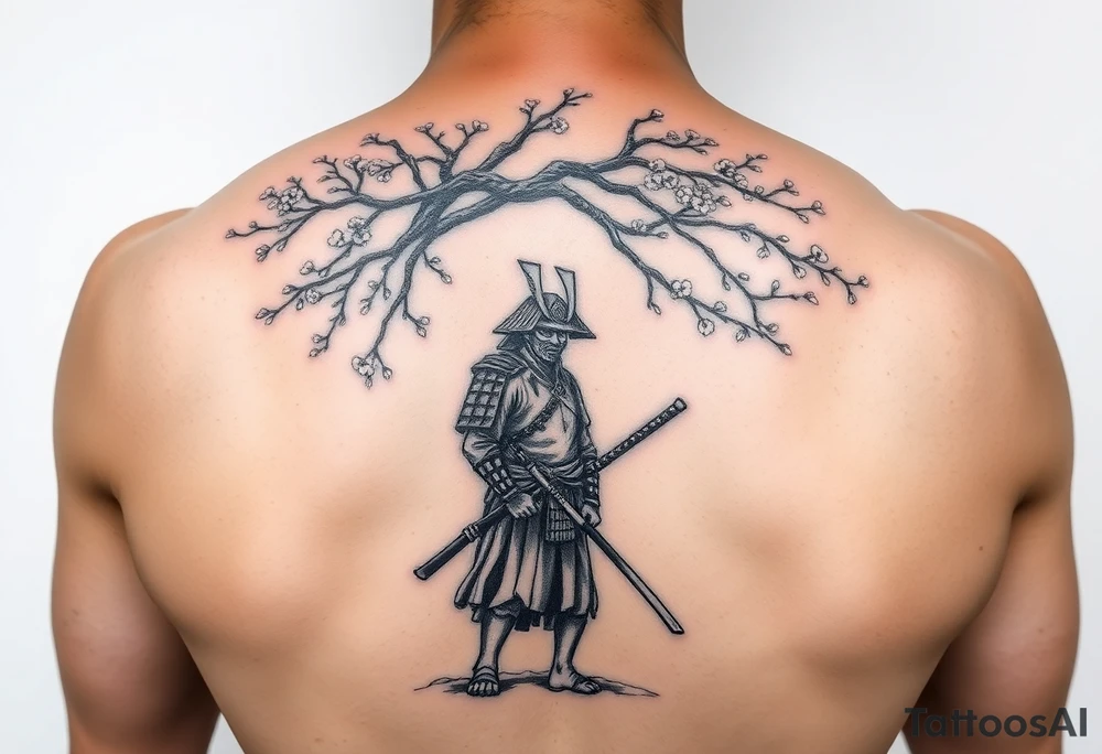 Ronin samurai standing under cherry blossom tree tattoo idea