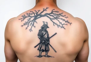 Ronin samurai standing under cherry blossom tree tattoo idea