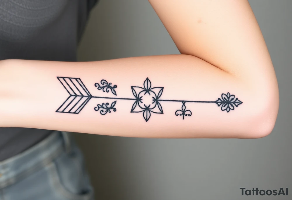 Geometric arrow with 5 Symbolic elements for each family member. Two base elements for my husband and I, intertwined floral patterns like mirrored vines or spiral paisleys representing our identical twins, and a Gemini zodiac sign for my son. Use feminine-yet-bold linework and Interconnected elements to reflect family unity tattoo idea