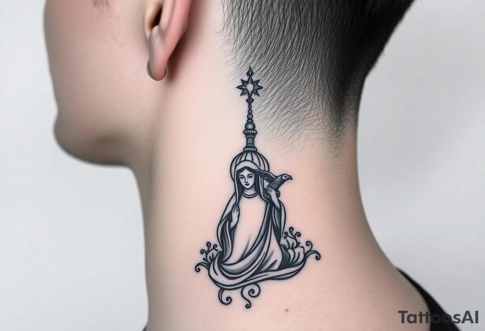 Flowing Scene

A single onion dome rising up toward the ear
Virgin Mary in prayer pose wrapping around the lower neck curve
A small eagle or just the star tucked above the dome near the hairline tattoo idea