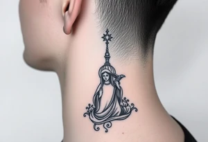 Flowing Scene

A single onion dome rising up toward the ear
Virgin Mary in prayer pose wrapping around the lower neck curve
A small eagle or just the star tucked above the dome near the hairline tattoo idea