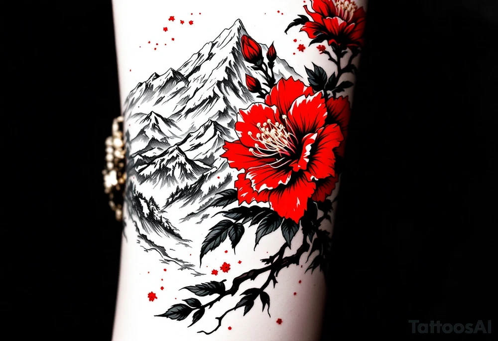 wrist size red  and black rhododendron trippy with Himalayas behind tattoo idea