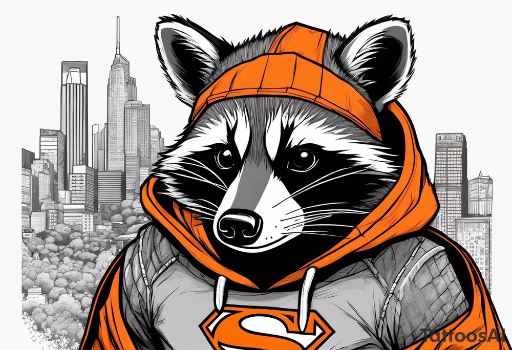 Raccoon wearing an orange Superman hoodie tattoo idea