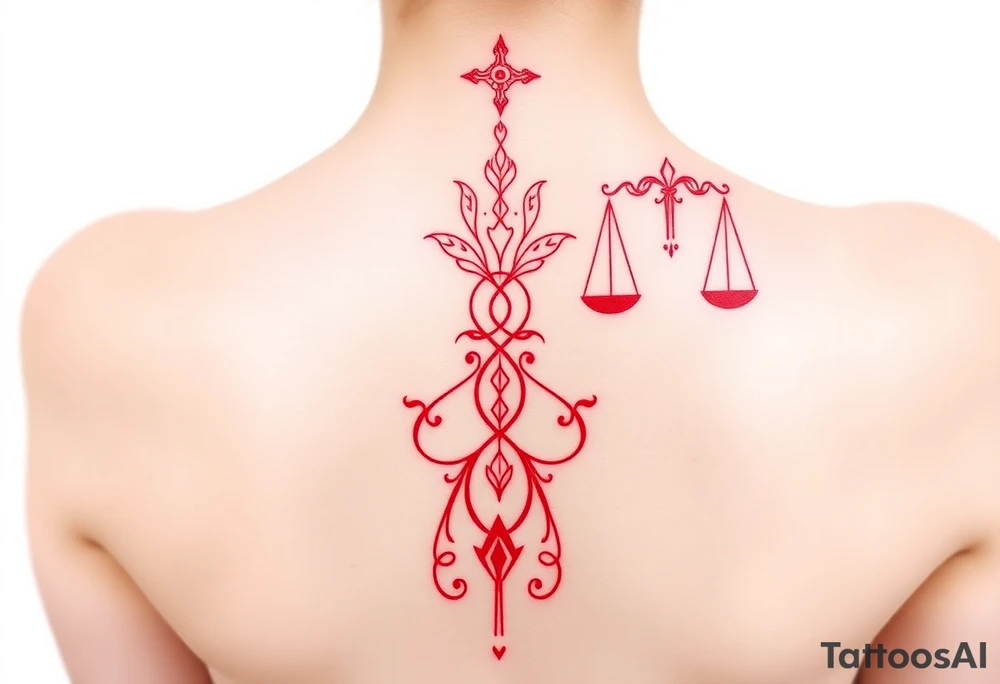 Tattoo that combines the star sign Taurus and Libra ,in red , down the spine tattoo idea