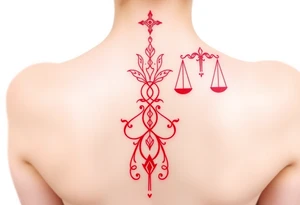 Tattoo that combines the star sign Taurus and Libra ,in red , down the spine tattoo idea