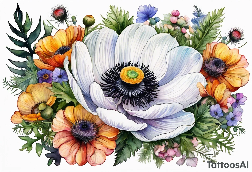 white anemone with black center in the middle of wildflowers with thistles, ferns, ranuculus, sun flowers, mixed color flowers and different shapes all in watercolor tattoo idea