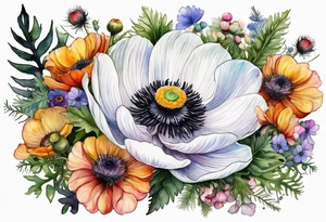 white anemone with black center in the middle of wildflowers with thistles, ferns, ranuculus, sun flowers, mixed color flowers and different shapes all in watercolor tattoo idea