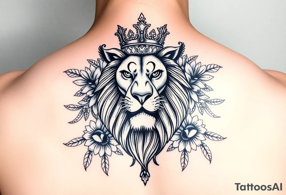 powerful majestic lion with a crown, surrounded by floral ornaments and birds tattoo idea