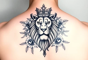 powerful majestic lion with a crown, surrounded by floral ornaments and birds tattoo idea
