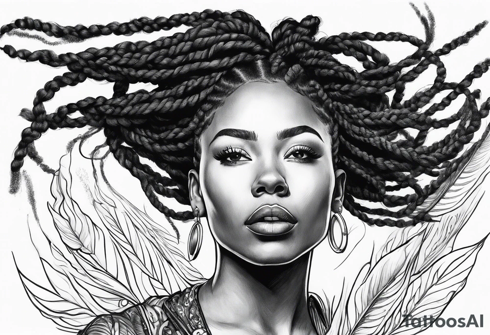 Draw a women head with real dread locks flying in the air, tattoo idea