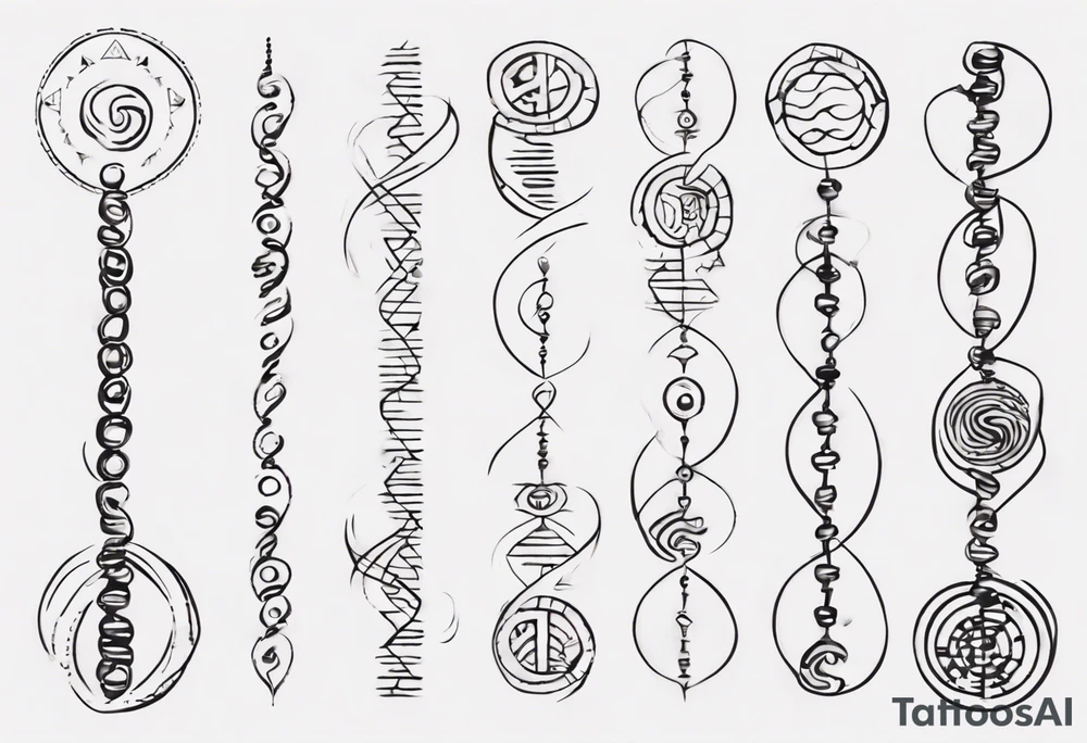 Create a tattoo that visually represents my life journey and the evolution of mindfulness. Consider life as a DNA chain, where each link symbolizes key moments of my development and consciousness. Allow the images to change and transform, reflecting the evolution of my perception and self-understanding over time tattoo idea